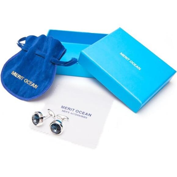 Mens Cufflinks Elegant Style Cuff Link Super Shiny Swarovski Navy Blue Crystal - Picture 6 of 7